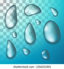 Vector clear water drops realistic set. Drop isolated on a transparent background.
