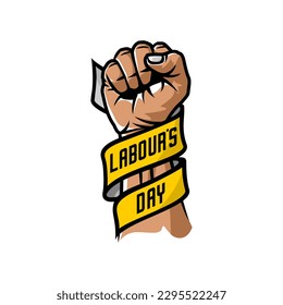 vector clenched fist circled with ribbon saying Labor day