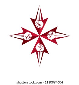Vector clenched fist of a strong man created in shape of arrow. Personality development conceptual symbol.