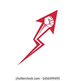 Vector clenched fist of a strong man created in shape of arrow. Personality development conceptual symbol.