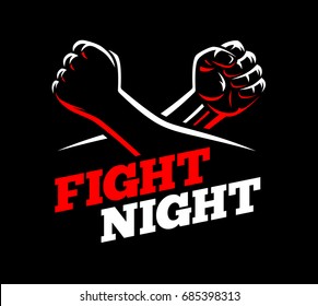 Vector clenched fists fight MMA, kick boxing, karate sport night cage show illustration on dark background. Athletes square off concept poster template. Red, black, white design.