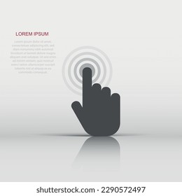 El vector hace clic en el icono de la mano en estilo plano. Pictograma de la ilustración del signo del dedo del cursor. Concepto de negocio de apuntar.