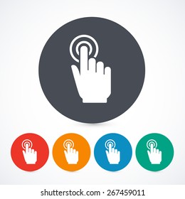El vector hace clic en iconos de la mano aislados en el fondo. Iconos de pantalla táctil en círculo. 5 colores diferentes.