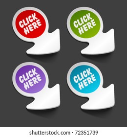 Vector click here message icon on arrow sticker set. Transparent shadow easy replace background and edit colors.