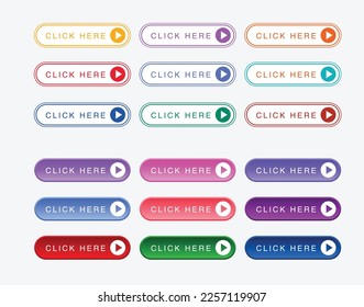 Vector "Click Here" web buttons collection for different purposes. Free vector web buttons collection for different purposes. Web ui button with pointer clicking icon. Click here vector web button. 