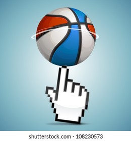 Vector click sign hand with spinning basketball ball