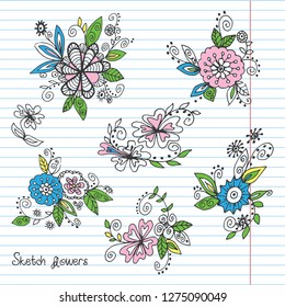 Vector cliip art, set of fictional fairy tale alien flowers for paper, fabric, fashion design, greetings cards, note book sheet as background, handwritten lettering