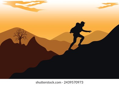 Vector climber silhouette dusk mountain view background.