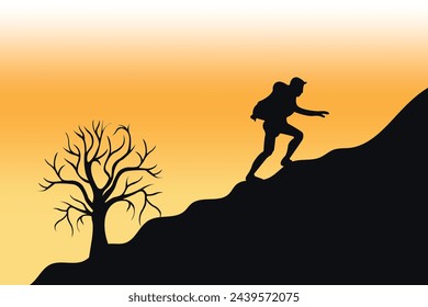 Vector climber silhouette sunset landscape background.