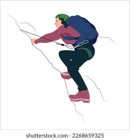 Vector climber trying to climb a snow mountain with rope vector illustration design
