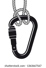 Vector climbing screw gate carabiner with rope. Isolated on white background.