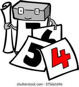 A vector clip art of an anthropomorphic tear-off calender holding torn off leaves in its hands, showing the number 4, 5, 6, and 7. Hand drawn, bold cartoon look.