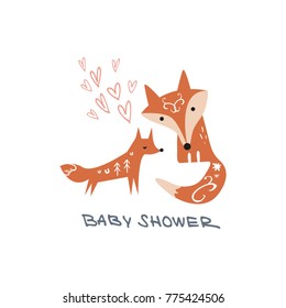 Vector, clip art. Baby shower, hearts, mother and baby, letters, childish, hand font, foxes, animal, baby, fairy tale, funny, love. Card, poster, banner, t-shirt, other clothes and more. Isolated.