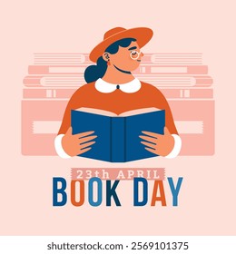 Vector clip art for banner to World Book Day. Cute illustration with woman in hat, who reading book. Hands holding open book. Flat Design. Cartoon minimal naive badge with female character.