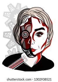 Vector clip art with beautiful cyber girl.Cyborg woman.Robot woman with wires and sensors on her face.