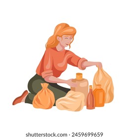 Vector clip art of blonde woman sorting plastic garbage isolated from background. Ecological lifestyle. Flat illustration on the theme of zero waste and recycle for articles and print