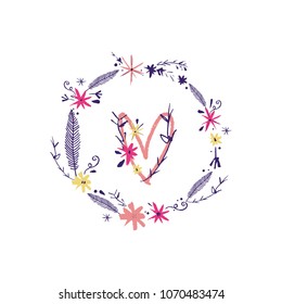 Vector, clip art. Boho heart and floral frame. Decor elements, print for cards, t-shirts, other clothes and more. Isolated objects.