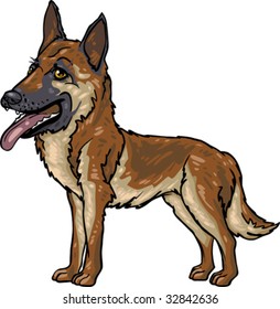 Vector, clip art, caricature illustration of German Shepherd dog. Hand drawn artwork in loose, expressive style with NO gradients or blends.