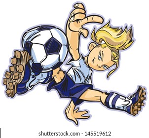 Vector clip art cartoon of a Caucasian girl using a break dancing move to play soccer. Also available in Asian and African American!