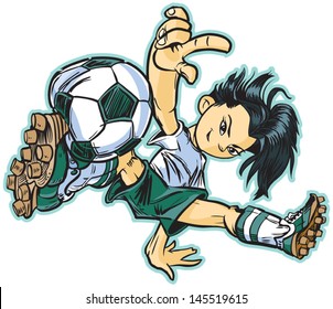 Vector clip art cartoon illustration of an asian girl using a break dancing move to play soccer. Also available in caucasian and african american!