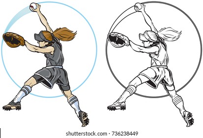 Vector clip art cartoon illustration of a caucasian girl or woman pitching a softball from a side view. A blue circle streak follows the ball. In color and black and white.