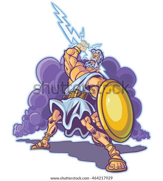 怒りのギリシャやローマの雷 稲妻の神やティタンのマスコット 光るボルトを持ち上げ 盾を持つベクタークリップアートの漫画イラスト クラウドは別のレイヤー上にあります のベクター画像素材 ロイヤリティフリー