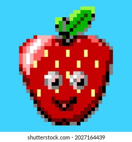 vector clip art of cartoon strawberry character in pixel style 