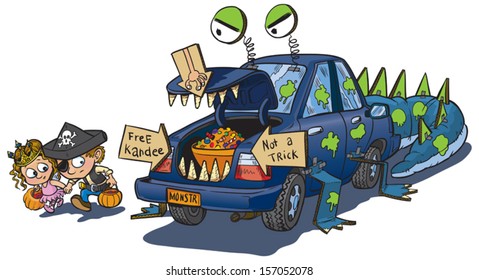 A vector clip art cartoon of two kids warily approaching a car decorated for a trunk or treat event on Halloween. The vehicle is decorated to look like a monster that eats unwary children.