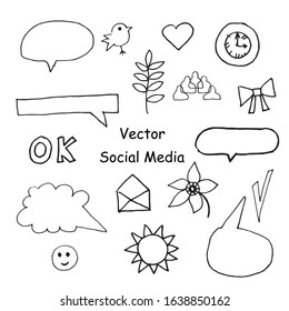 Vector clip art chat  balloon,bird, flowers,leaf,bath,envelope,sun. The social media illustrations collection is black on a white isolated background line art. Design for packaging,cards, web.