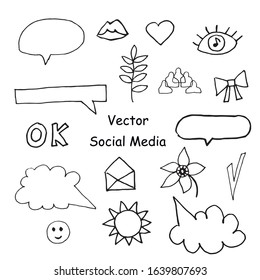 Vector clip art chat  balloon,bird, flowers,leaf,bath,envelope,sun. The social media illustrations collection is black on a white isolated background line art. Design for packaging,cards, web.