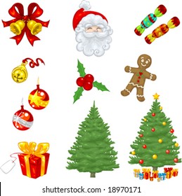 vector clip art Christmas icons including bells, tree, ornaments, gingerbread man, crackers, presents and a laughing Santa Clau.  All drawn freehand. No gradients used, and no tracing.