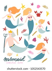 Vector clip art collection with  mermaids. Cute hand drawn illustration