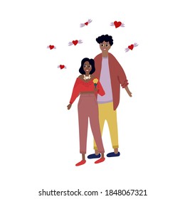 Vector clip art of a couple in love on a date. A man and a woman are in love on a romantic date. Girl with a flower on Valentine's Day. Charming couple with hearts around on love day. Vector