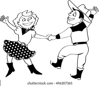 Vector clip art of a cute cartoon couple dancing western swing, EPS 8, no white objects