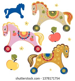 Vector clip art. Cute different colors wooden toy horse on wheels, apples, flowers and toy horse silhouette.
