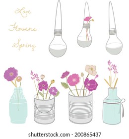 Vector Clip Art with Cute Flowers in Mason Jars, Tin Cans and Floral Light Bulb Vases