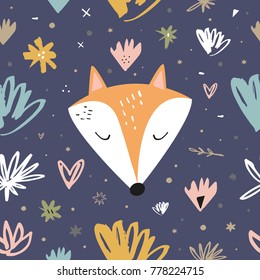 Vector, clip art. Cute fox pattern, stars, leaves, floral, brush strokes, design elements, handcrafted, dots, ornament, wallpaper, pastel, baby. Print, card, poster, clothes print.