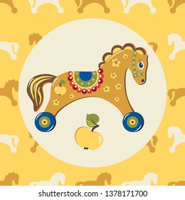 Vector clip art. Cute orange wooden toy horse on blue wheels and repeatable vector pattern with lighter and darker yellow wooden toy horses on wheel and flowers on yellow background.