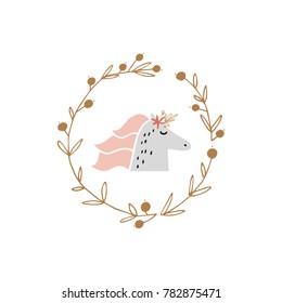 Vector, clip art. Cute unicorn, floral frame. Boho style. Poster, t-shirt, textile, print, card.