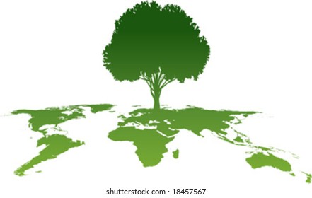 vector clip art of an ecology green world atlas map, growing a strong, green tree, in silhouette form