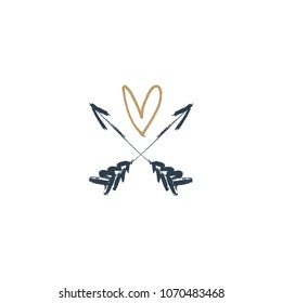 Vector, clip art. Emblem heart and arrows, hand drawn logo, tattoo. Decor elements, print for cards, t-shirts, other clothes and more. Isolated objects.