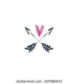 Vector, clip art. Emblem heart and arrows, hand drawn logo, tattoo. Decor elements, print for cards, t-shirts, other clothes and more. Isolated objects.