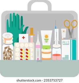 Vector clip art with first aid kit, pills, syringe, thermometer, drugs