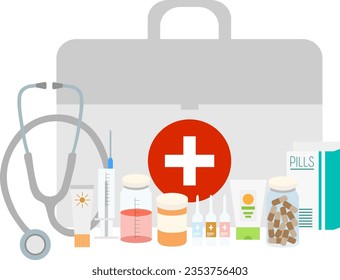 Pinza vectorial con kit de primeros auxilios, pastillas, jeringa, termómetro, medicamentos