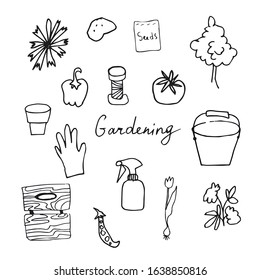 Vector clip art flowers,pots,bird,seeds, scissors,bucket.The collection of illustrations gardening is black on a white isolated background line art.Design for packaging,coloring,cards,web.