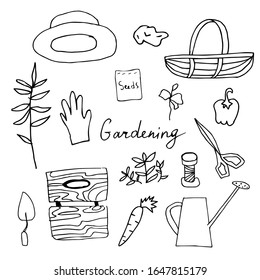 Vector clip art flowers,pots,bird,seeds, scissors,bucket.The collection of illustrations gardening is black on a white isolated background line art.Design for packaging,coloring,cards,web.
