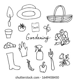 Vector clip art flowers,pots,bird,seeds, scissors,bucket.The collection of illustrations gardening is black on a white isolated background line art.Design for packaging,coloring,cards,web.