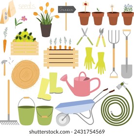 Vector clip art with gardening equipment and tools water hose, wateering can, shovel, pitchfork, rake, planting pots, garden gloves