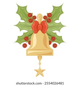 Vector clip art of golden Christmas bell with red ribbon, leaves and floral decorations isolated from background in cartoon style. Geometric festive bell. Holiday xmas decoration