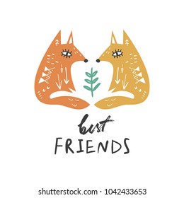 Vector, clip art, hand drawn. 
Cute patterned stylized foxes.
Best friends text. Design elements, t-shirt and other clothes print.
Scandinavian art.
Isolated.